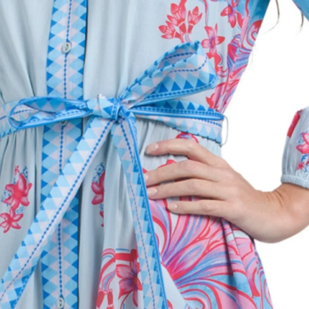 CELINA MOON Long Sleeve Belted Color Blocked Maxi Shirt Dress - Picture 3 of 4